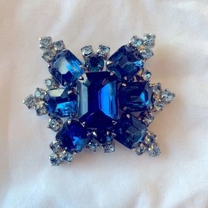 Vintage Blue Rhinestone Brooch Pin Silver Tone